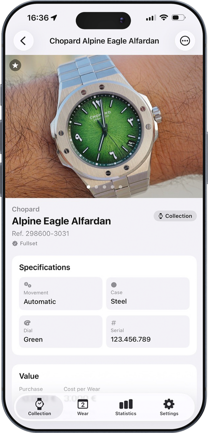 Detail view of a watch in the collection